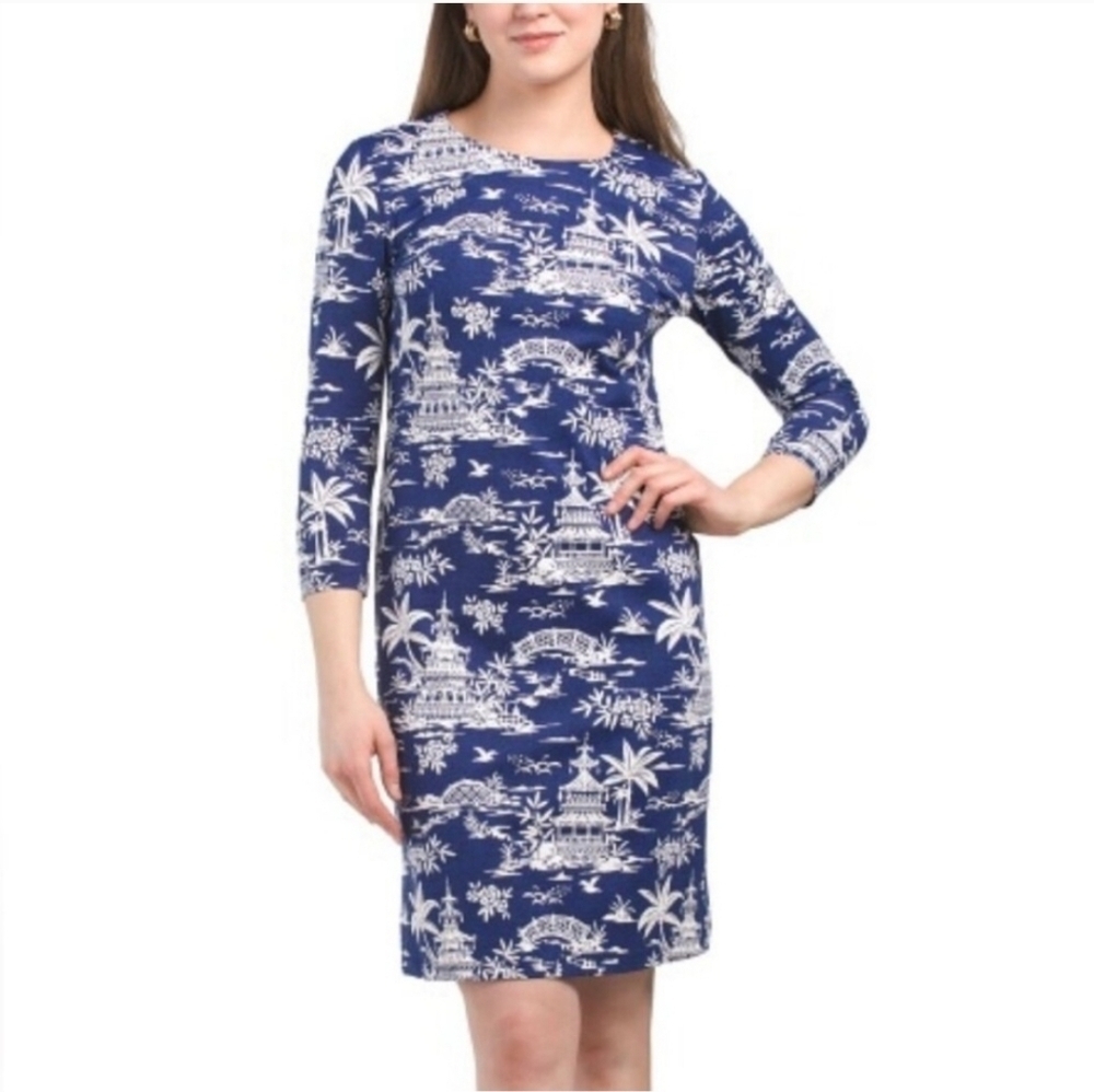 J. McLaughlin Women's Sophia Tongsai Palm Resort Stretchy Dress Sz L Coastal NWT